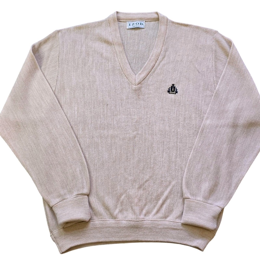 IZOD  Men's Size L V-Neck Sweater Cream Made in USA Preppy Knit Golf GVC Vintage